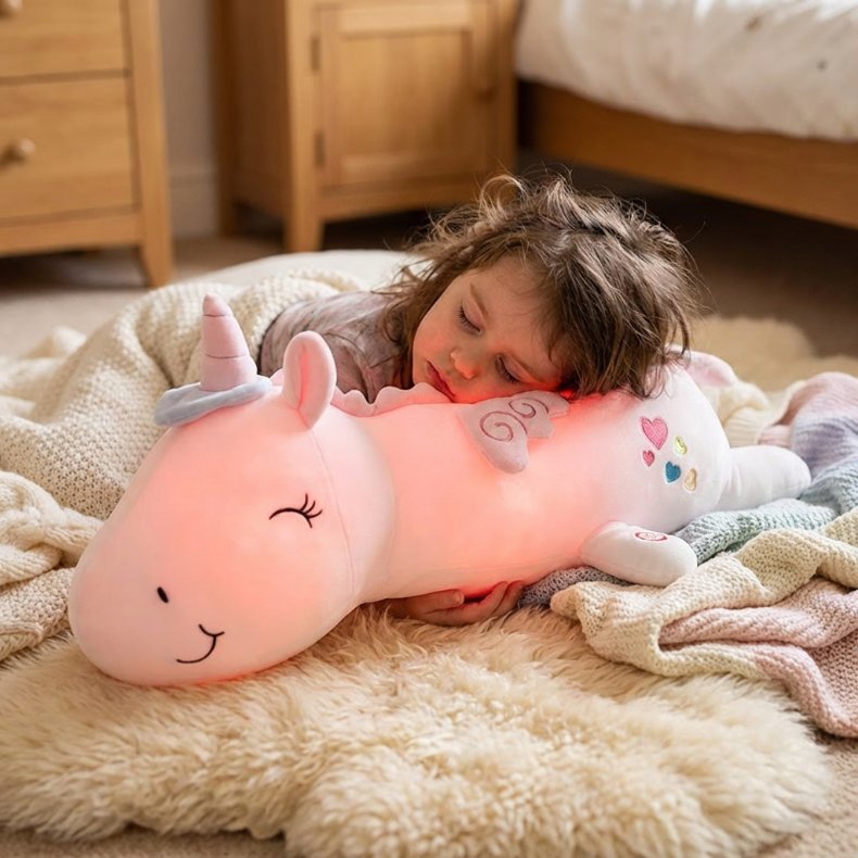 Gros plan sur un jeune enfant qui dort paisiblement, la tête posée sur une grande peluche licorne géante qui émet une douce lumière rose chaude.