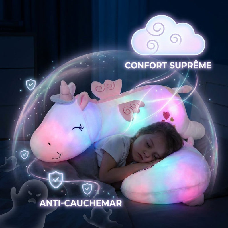 Infographie illustrant la protection nocturne : un enfant dort paisiblement contre une peluche licorne lumineuse, entouré d'une bulle magique repoussant les cauchemars.