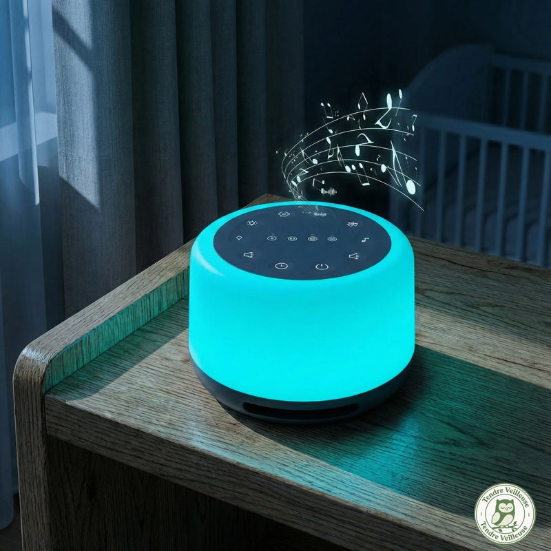 Hub de sommeil DreamBox faisant office d'enceinte Bluetooth et générateur de bruit blanc haute-fidélité pour diffuser musique, podcasts ou bruits de nature.