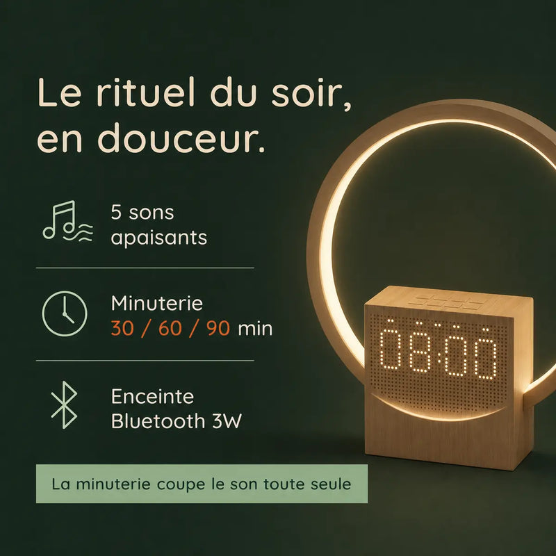 Réveil design avec bruit blanc 5 sons, minuterie 30 60 90 minutes et enceinte Bluetooth 3W pour le soir, Tendre Veilleuse