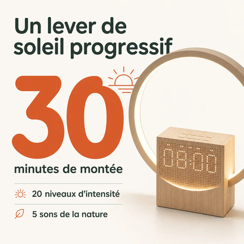 Simulateur de lever de soleil du réveil numérique : 30 minutes de montée, 20 niveaux d'intensité, 5 sons de la nature, Tendre Veilleuse