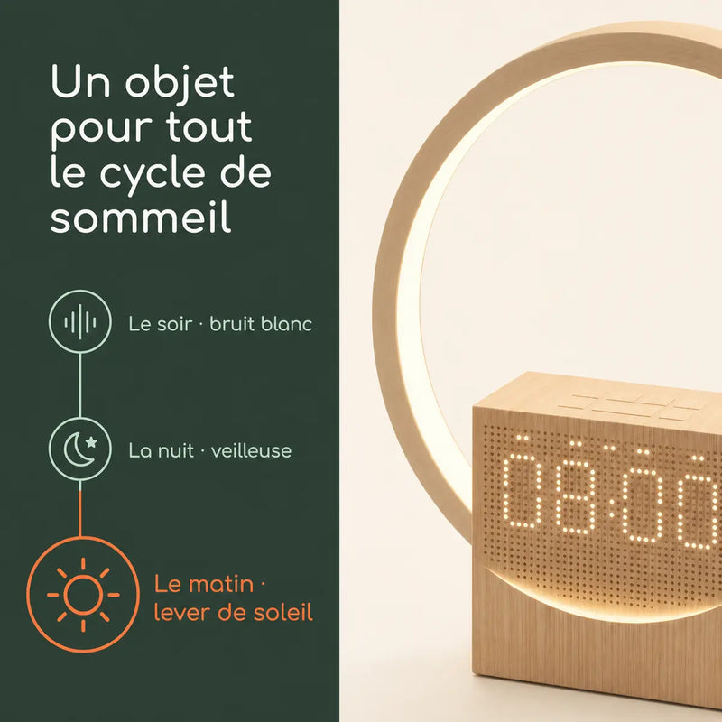 Cycle de sommeil du réveil numérique design : bruit blanc le soir, veilleuse la nuit, lever de soleil le matin, Tendre Veilleuse
