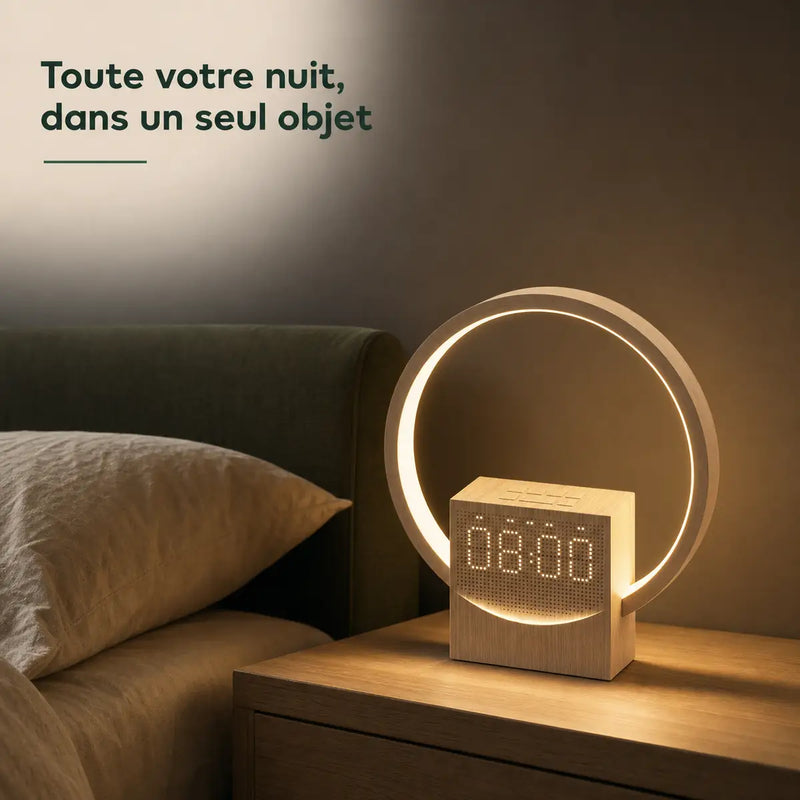 Réveil numérique design allumé sur une table de chevet le soir, grand anneau lumineux chaud dans une chambre cosy, Tendre Veilleuse
