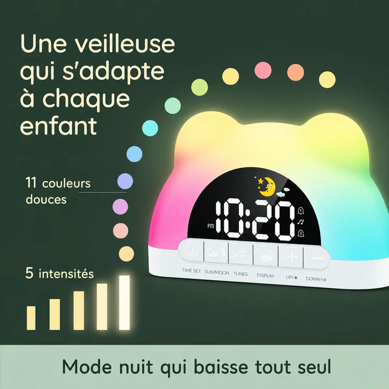 Infographie du réveil veilleuse ours enfant, 11 couleurs douces et 5 intensités réglables pour la nuit, Tendre Veilleuse