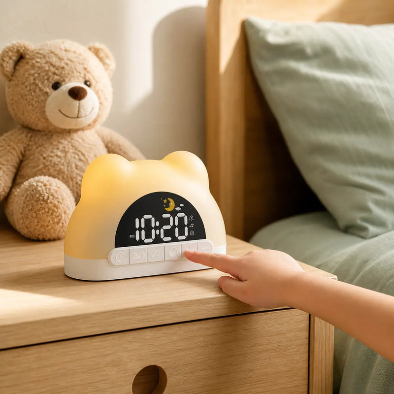 Réveil veilleuse ours compact posé sur une table de chevet d'enfant, format qui montre sa petite taille, Tendre Veilleuse