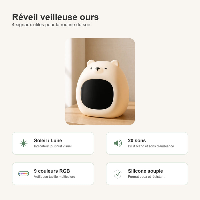 Infographie réveil veilleuse ours enfant avec indicateur soleil lune, 20 sons bruit blanc, 9 couleurs RGB et silicone souple, Tendre Veilleuse