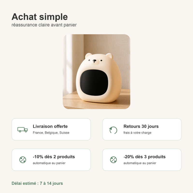 Réassurance réveil veilleuse ours enfant avec livraison offerte FR BE CH, retours 30 jours et remises par lot, Tendre Veilleuse