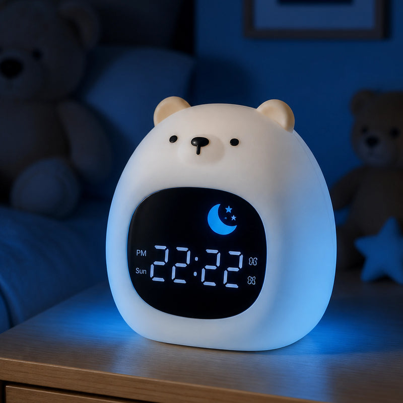 Réveil veilleuse ours enfant allumé en mode nuit lune bleue avec halo doux dans chambre sombre, Tendre Veilleuse
