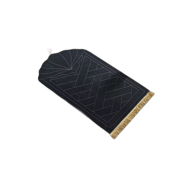Tapis de prière cadeau offert noir motif mihrab avec franges dorées Tendre Veilleuse