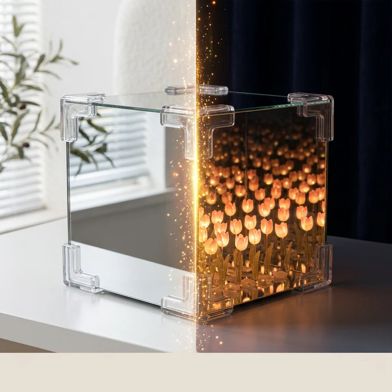 Tulipée™ double effet – miroir de jour à gauche, jardin tulipes LED de nuit à droite – Tendre Veilleuse