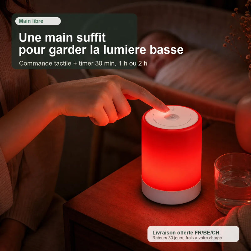 Veilleuse allaitement tactile lumière rouge 670 nm avec timer 30 minutes 1 heure 2 heures et bébé endormi, Tendre Veilleuse
