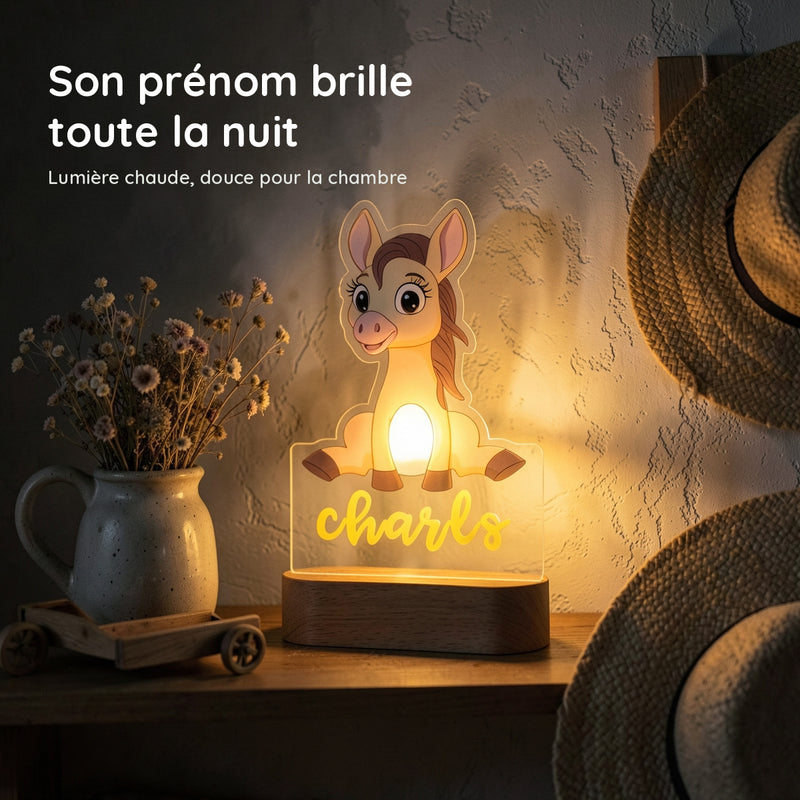 Veilleuse âne personnalisée allumée en lumière chaude la nuit dans une chambre de bébé