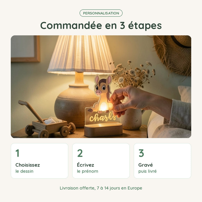 Veilleuse âne personnalisée commandée en 3 étapes : dessin, prénom, gravure et livraison offerte