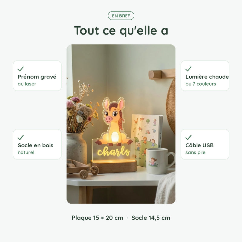 Veilleuse âne personnalisée en bref : prénom gravé, socle en bois, lumière chaude ou 7 couleurs, USB sans pile