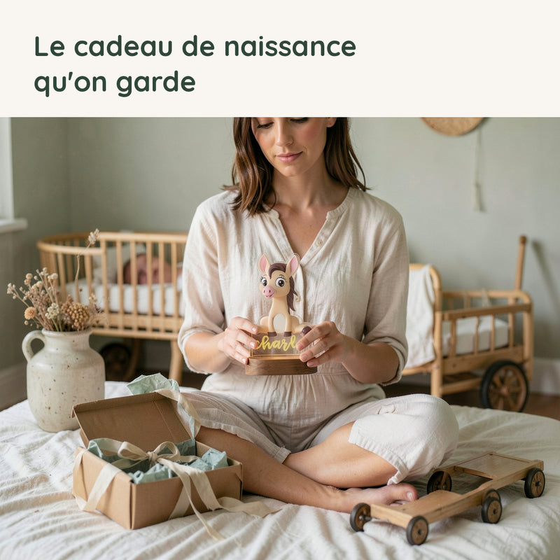 Une maman découvre la veilleuse âne personnalisée offerte en cadeau de naissance