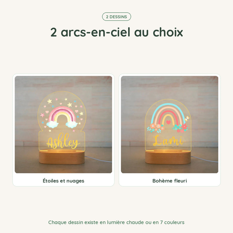 Les dessins de la veilleuse arc-en-ciel personnalisée, chacun en lumière chaude ou 7 couleurs