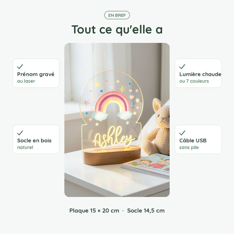 Veilleuse arc-en-ciel personnalisée en bref : prénom gravé, socle en bois, lumière chaude ou 7 couleurs, USB sans pile