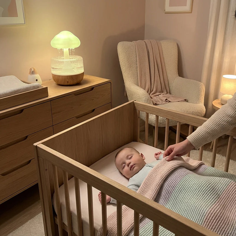 bébé endormi berceau chambre enfant, veilleuse champignon bruit de pluie posée sur commode à distance sécurité, lumière douce et brume
