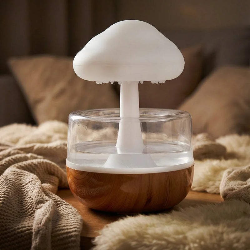 veilleuse bruit de pluie design champignon nuage, humidificateur aromathérapie 3 en 1, vraie eau circuit fermé pour sommeil bébé et adulte