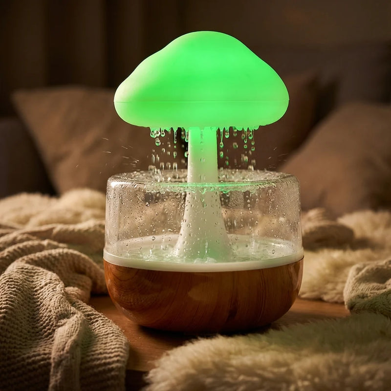 veilleuse champignon bruit de pluie lumière verte chromothérapie, humidificateur brume aromathérapie, aide au sommeil table de chevet