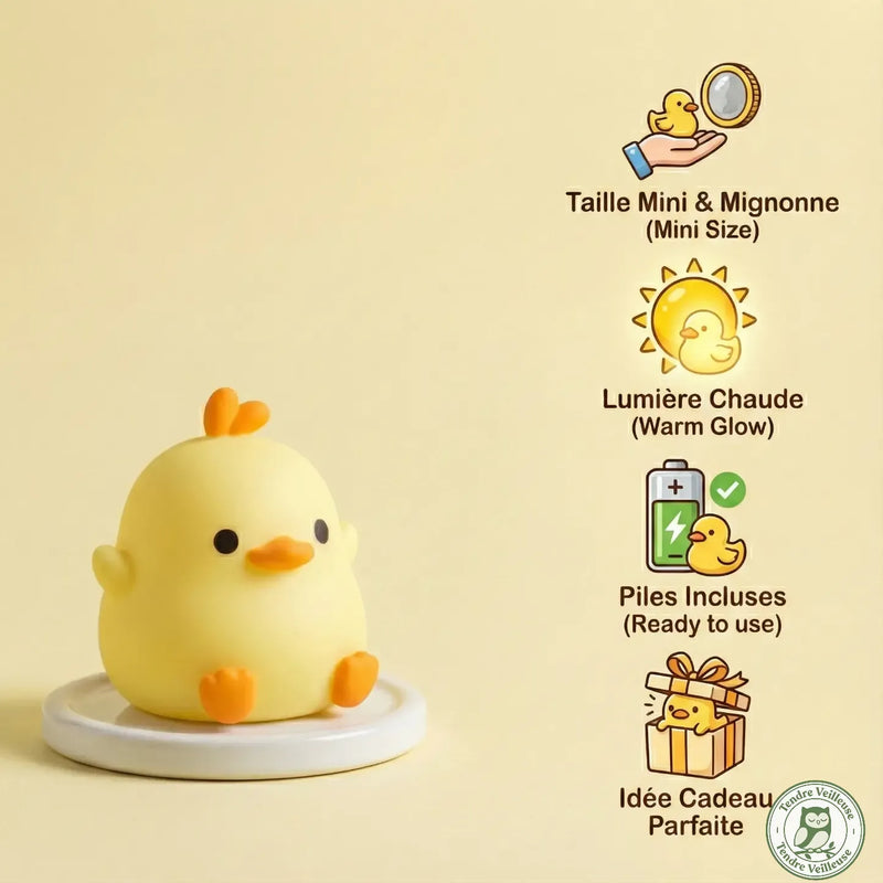 Infographie veilleuse canard Quacko : taille mini, lumière chaude, batterie incluse, idée cadeau enfant — Tendre Veilleuse