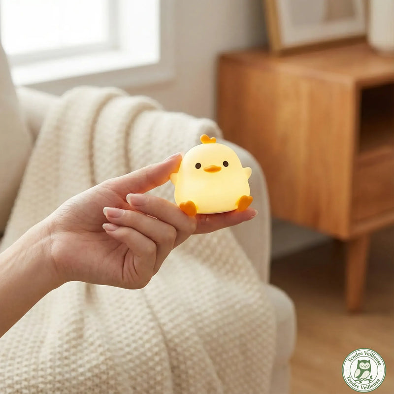 Veilleuse canard Quacko allumée tenue dans une main adulte, format compact portable rechargeable USB, fond canapé beige — Tendre Veilleuse
