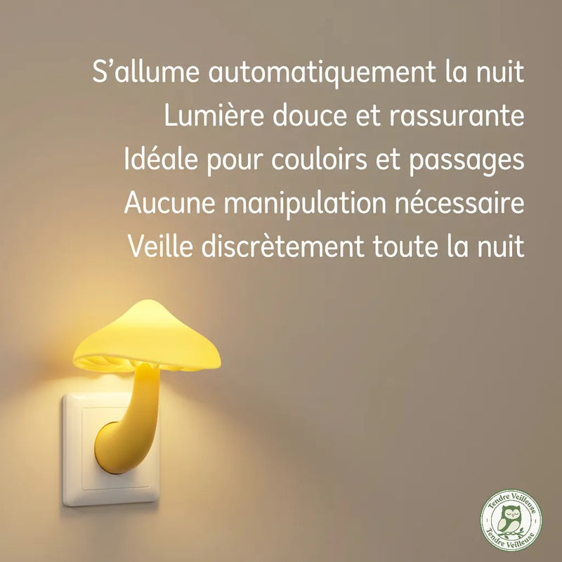 Infographie veilleuse prise champignon avec capteur crépusculaire, puissance 0,2W, CE et durée 10 000h