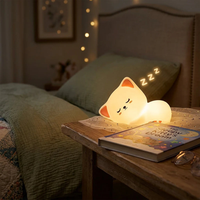 Veilleuse chat silicone Mochi™ allumée sur table de nuit enfant, lumière douce ambre, livre fermé à côté, ambiance chambre nuit — Tendre Veilleuse