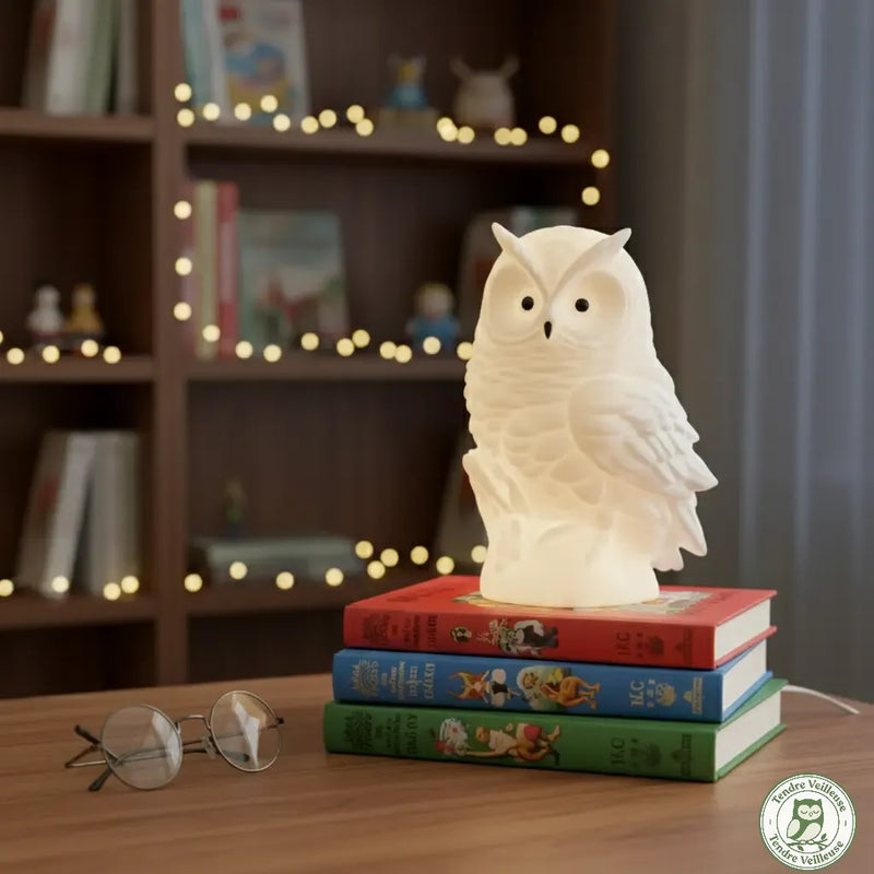 Veilleuse hibou Ohowl allumée lumière blanche chaude sur livres d'enfants, chambre douce et apaisante — veilleuse chouette peur du noir bébé
