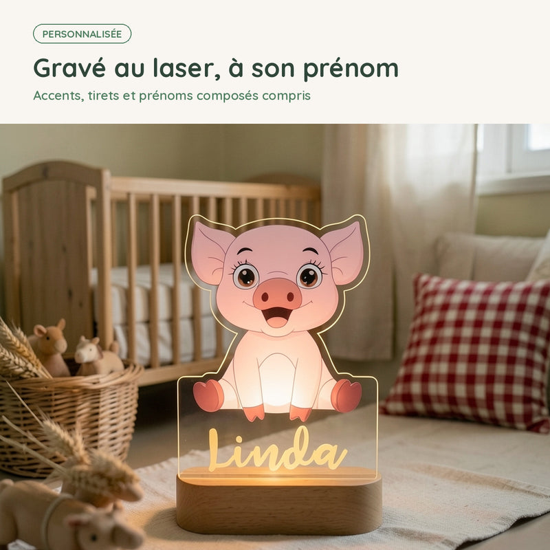 Prénom gravé au laser sur la veilleuse cochon personnalisée, accents et prénoms composés compris