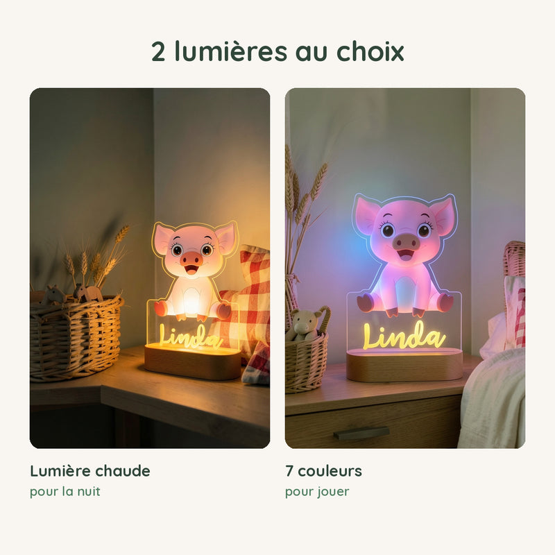 Veilleuse cochon personnalisée en lumière chaude pour la nuit ou en 7 couleurs pour jouer
