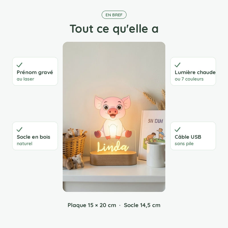 Veilleuse cochon personnalisée en bref : prénom gravé, socle en bois, lumière chaude ou 7 couleurs, USB sans pile