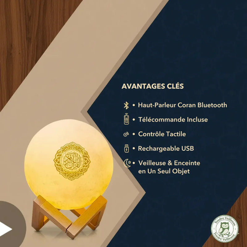 Veilleuse coranique lune : haut-parleur Coran Bluetooth, télécommande, contrôle tactile et recharge USB, Tendre Veilleuse