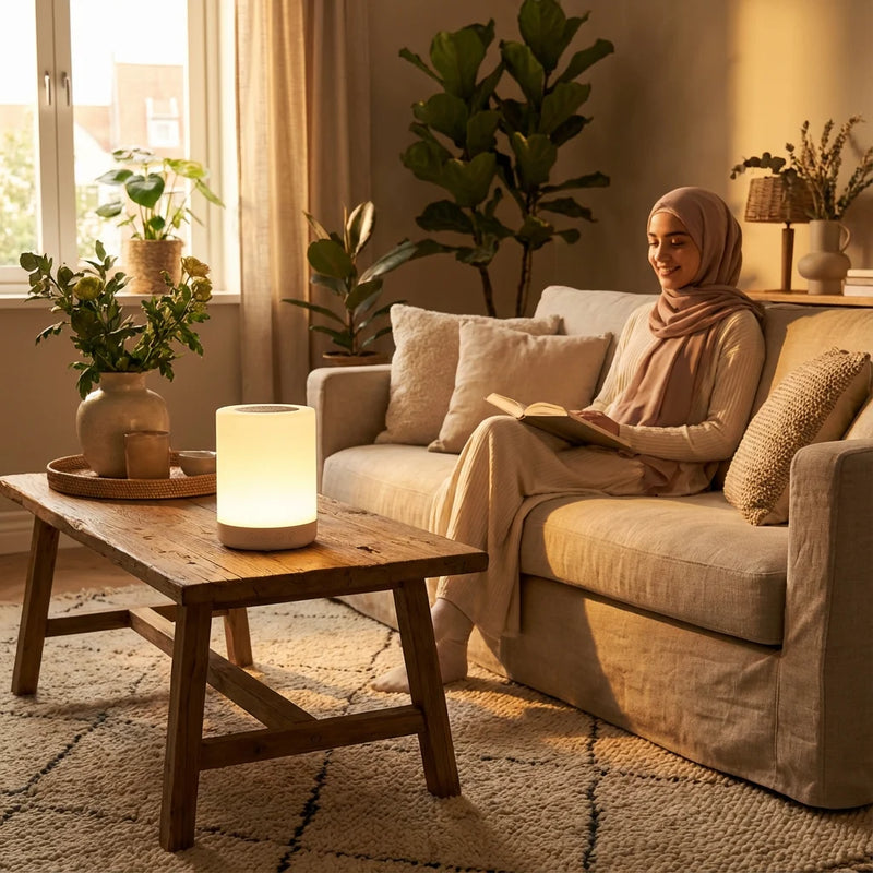 Femme musulmane voilée lisant un livre paisiblement sur son canapé, éclairée par la veilleuse coranique posée sur une table basse en bois. Ambiance chaleureuse, moderne et spirituelle dans le salon.