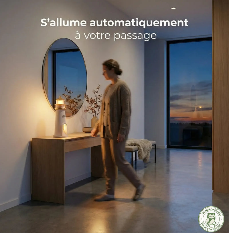 Veilleuse avec détecteur de mouvement mode AUTO qui s'allume automatiquement lors du passage nocturne des parents dans le couloir.