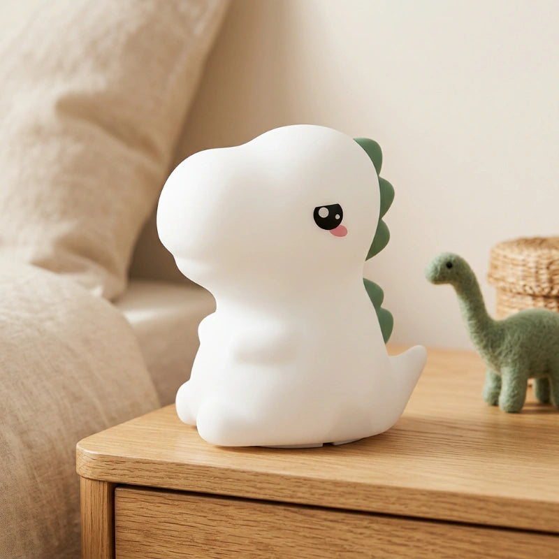 Veilleuse dinosaure design réaliste éteinte, posée sur une table de nuit en bois naturel de chambre d'enfant, Tendre Veilleuse