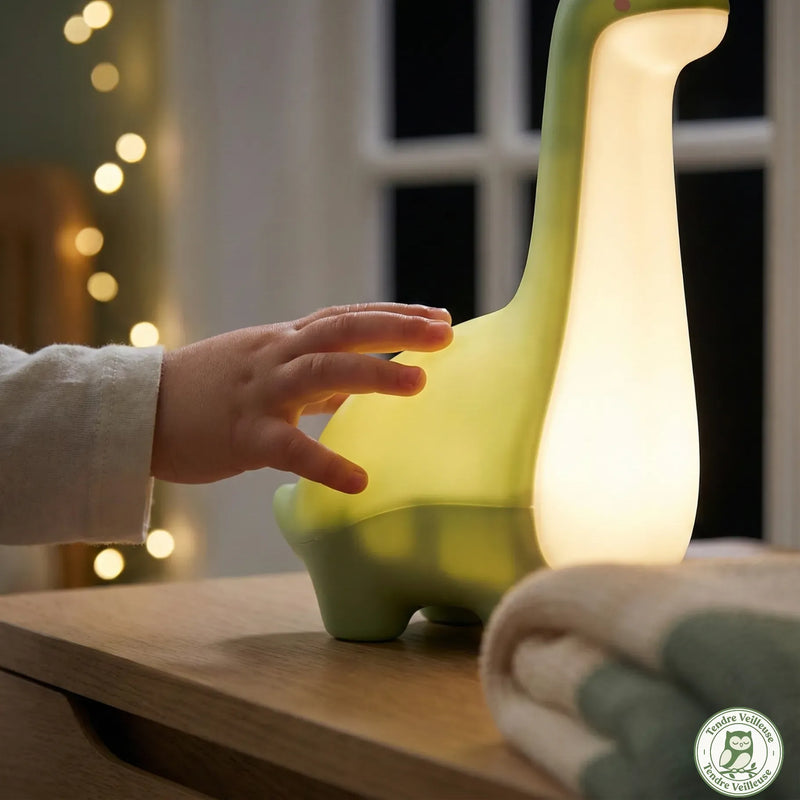 Enfant activant la veilleuse dinosaure Rexy par commande tactile – lumière chaude 3000K sur table de chevet la nuit
