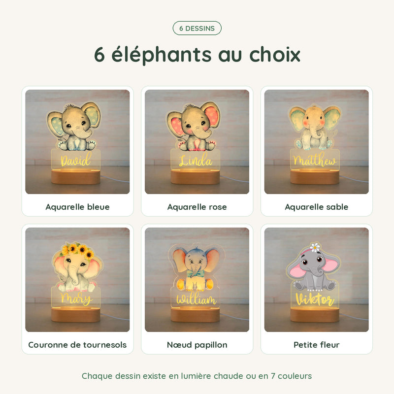 Les dessins de la veilleuse éléphant personnalisée, chacun en lumière chaude ou 7 couleurs