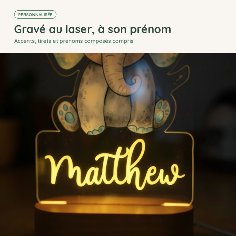Prénom gravé au laser sur la veilleuse éléphant personnalisée, accents et prénoms composés compris