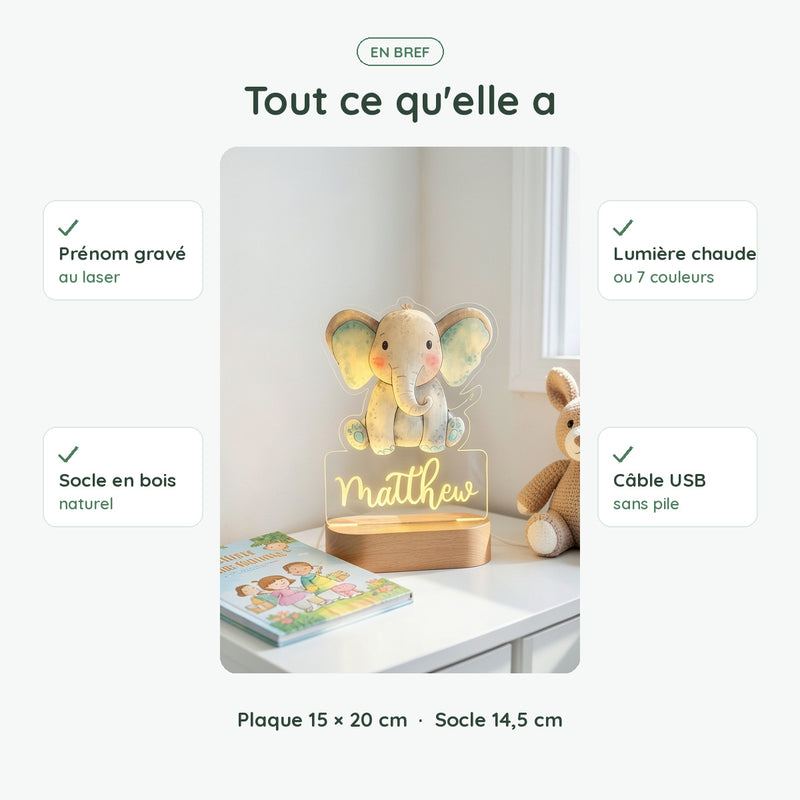 Veilleuse éléphant personnalisée en bref : prénom gravé, socle en bois, lumière chaude ou 7 couleurs, USB sans pile