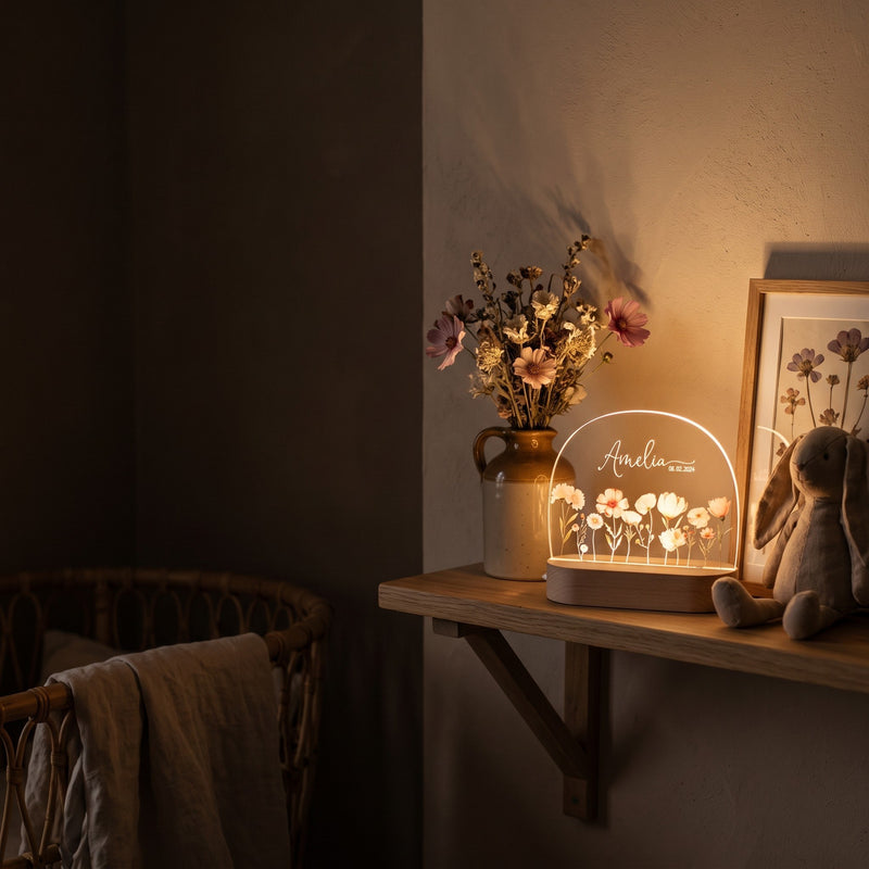 Veilleuse prénom date de naissance allumée la nuit