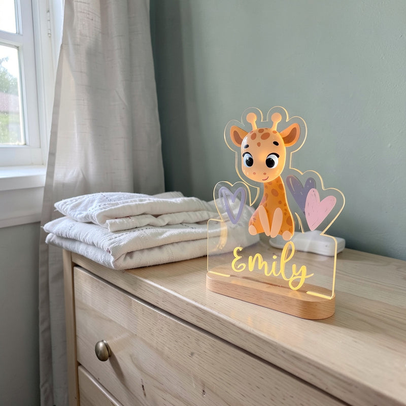 Veilleuse girafe personnalisée avec prénom sur une commode en chêne dans une chambre de bébé, le jour