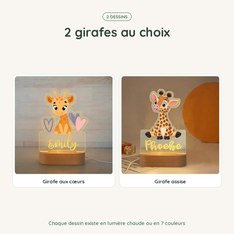 Les dessins de la veilleuse girafe personnalisée, chacun en lumière chaude ou 7 couleurs