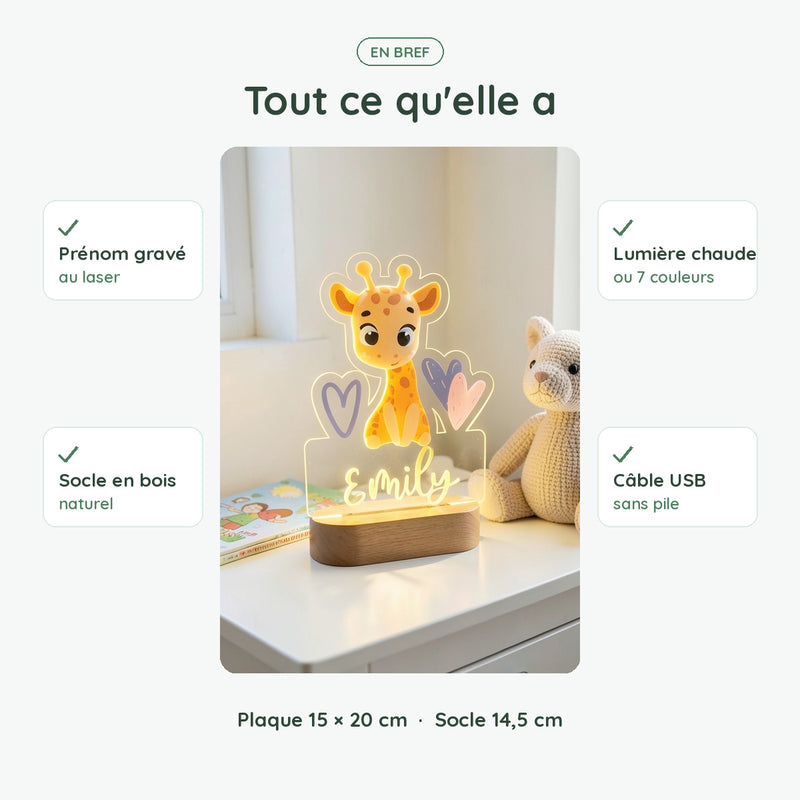 Veilleuse girafe personnalisée en bref : prénom gravé, socle en bois, lumière chaude ou 7 couleurs, USB sans pile