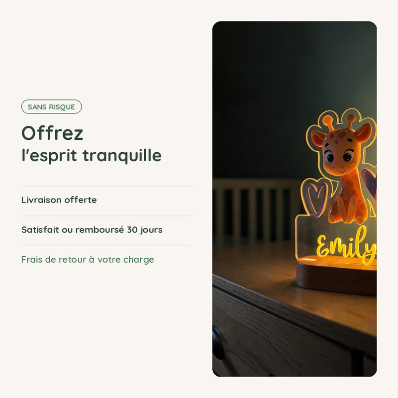 Veilleuse girafe personnalisée : livraison offerte, satisfait ou remboursé 30 jours