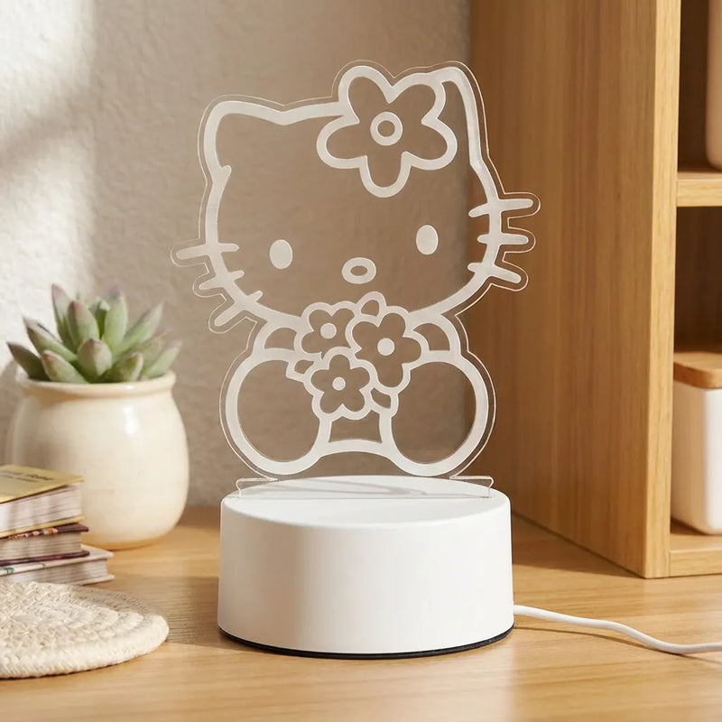 Veilleuse Hello Kitty LED acrylique eteinte plaque transparente socle blanc bureau bois Tendre Veilleuse