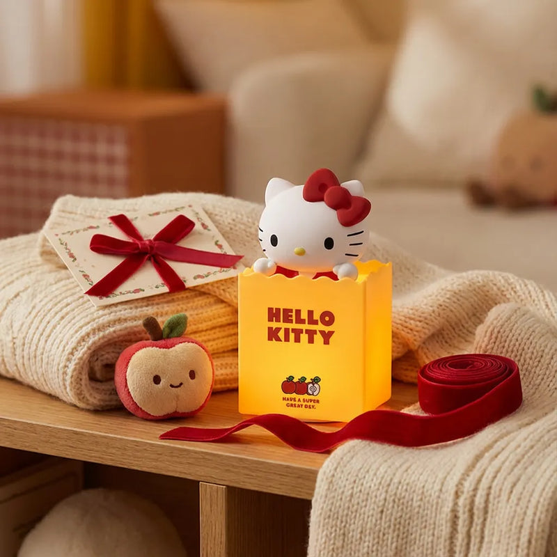 Veilleuse Hello Kitty sac silicone jaune allumee ambiance cadeau Noel cosy ruban rouge peluche Tendre Veilleuse