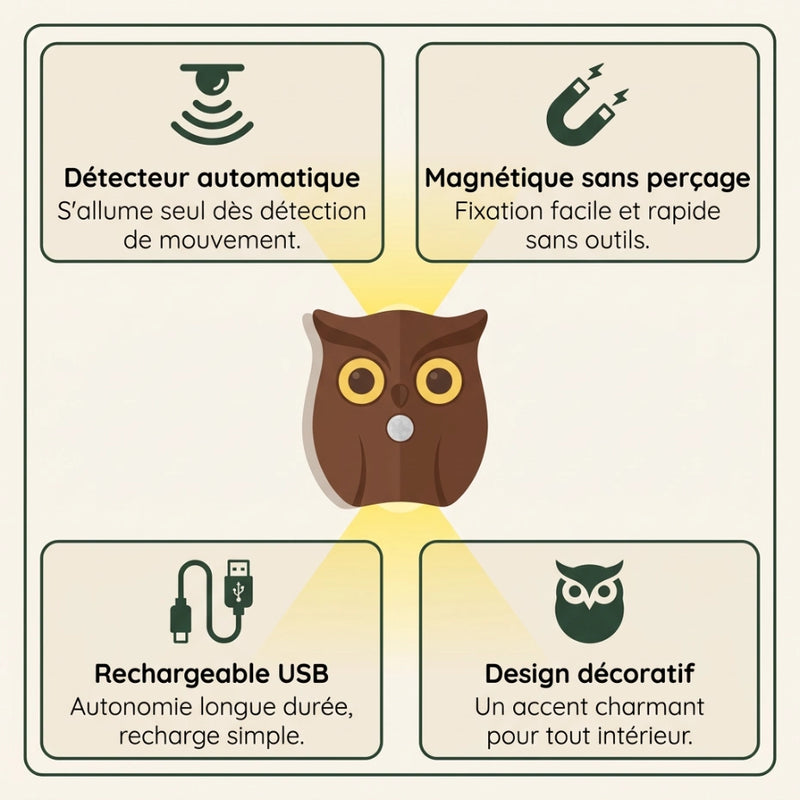 Infographie veilleuse hibou murale magnétique à détecteur de mouvement : 4 bénéfices clés — Tendre Veilleuse