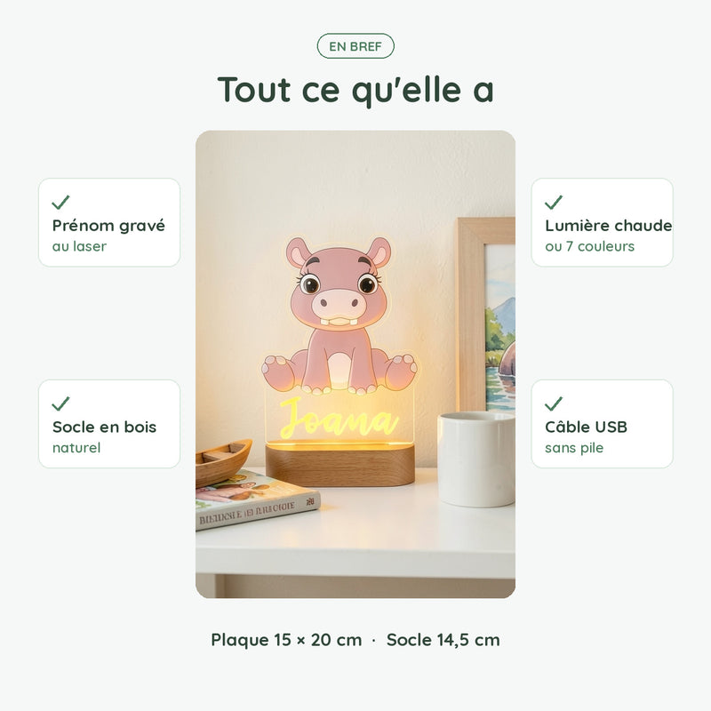 Veilleuse hippopotame personnalisée en bref : prénom gravé, socle en bois, lumière chaude ou 7 couleurs, USB sans pile