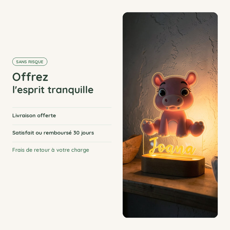 Veilleuse hippopotame personnalisée : livraison offerte, satisfait ou remboursé 30 jours